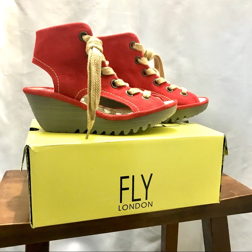 Fly London Suede Street Red lace up wedge size 38